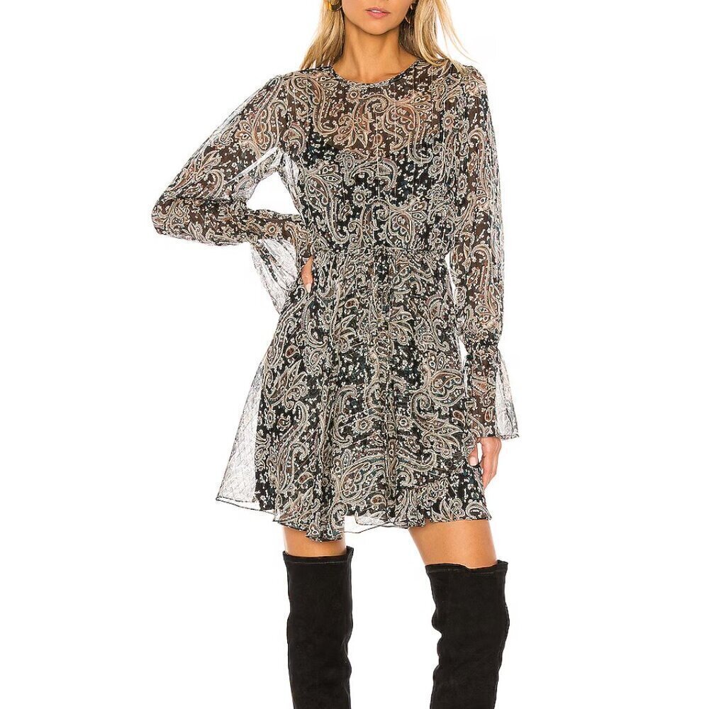 Joie Manning Caviar Multicolor Paisley Chiffon Bell Sleeve Metallic Lined Dress